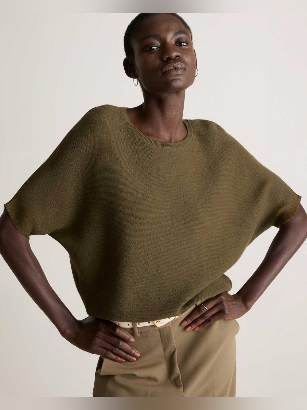 Quince NWT Lightweight Cotton Cashmere Link-Stitch Dolman Sweater Olive Green XL